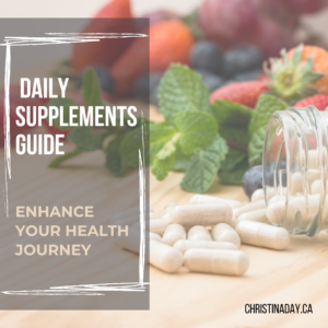 Daily supplements guide with picture of bottle of vitamins and fresh fruit